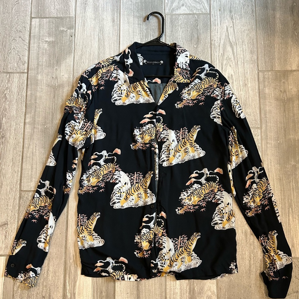 Black Button-Up Shirt with Tiger Print